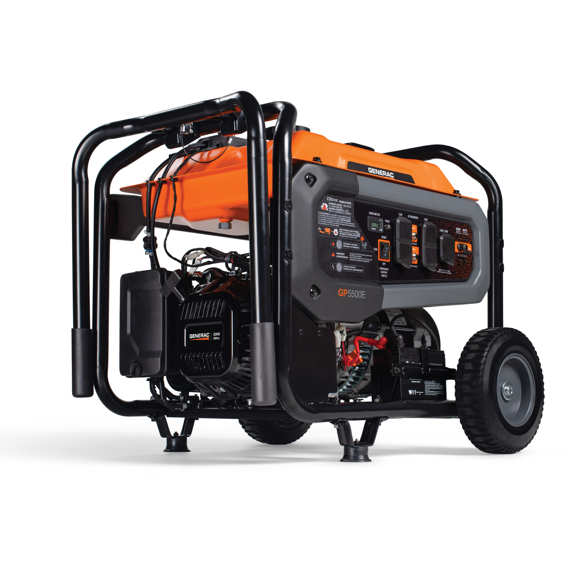 Generac 8150 GP5500E 6875 / 5500 Watt Electric Start Gas Powered Portable Generator w/ COSense, Wheel and Handle Kit Included, 50ST